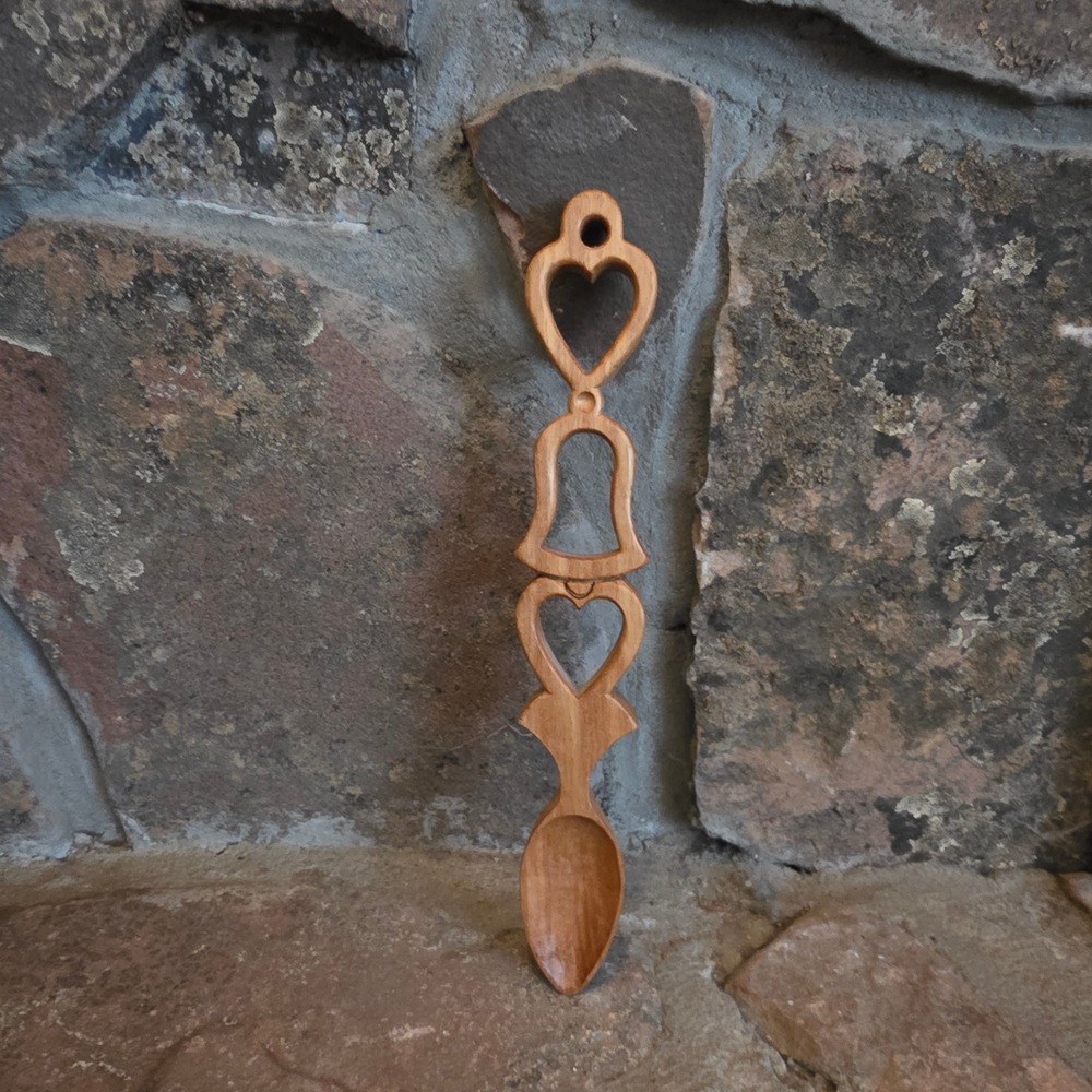 Vintage Hand Carved Wooden Welsh Love Spoon Heart Bell Folk Art Decor 10.75in